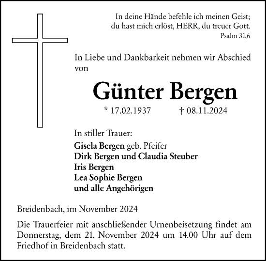 Traueranzeige von Günter Bergen von Hinterländer Anzeiger