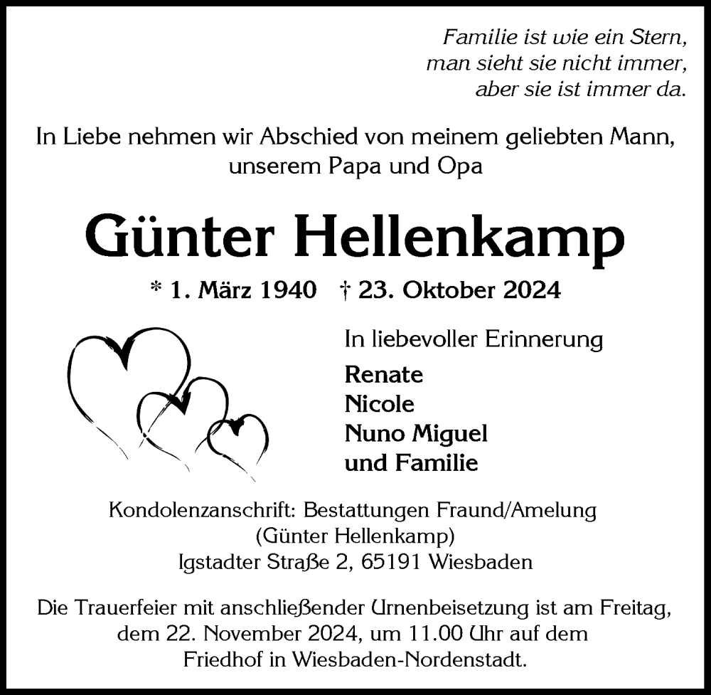  Traueranzeige für Günter Hellenkamp vom 02.11.2024 aus Wiesbadener Kurier