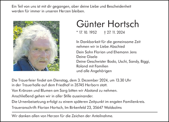 Traueranzeige von Günter Hortsch von Dill Block