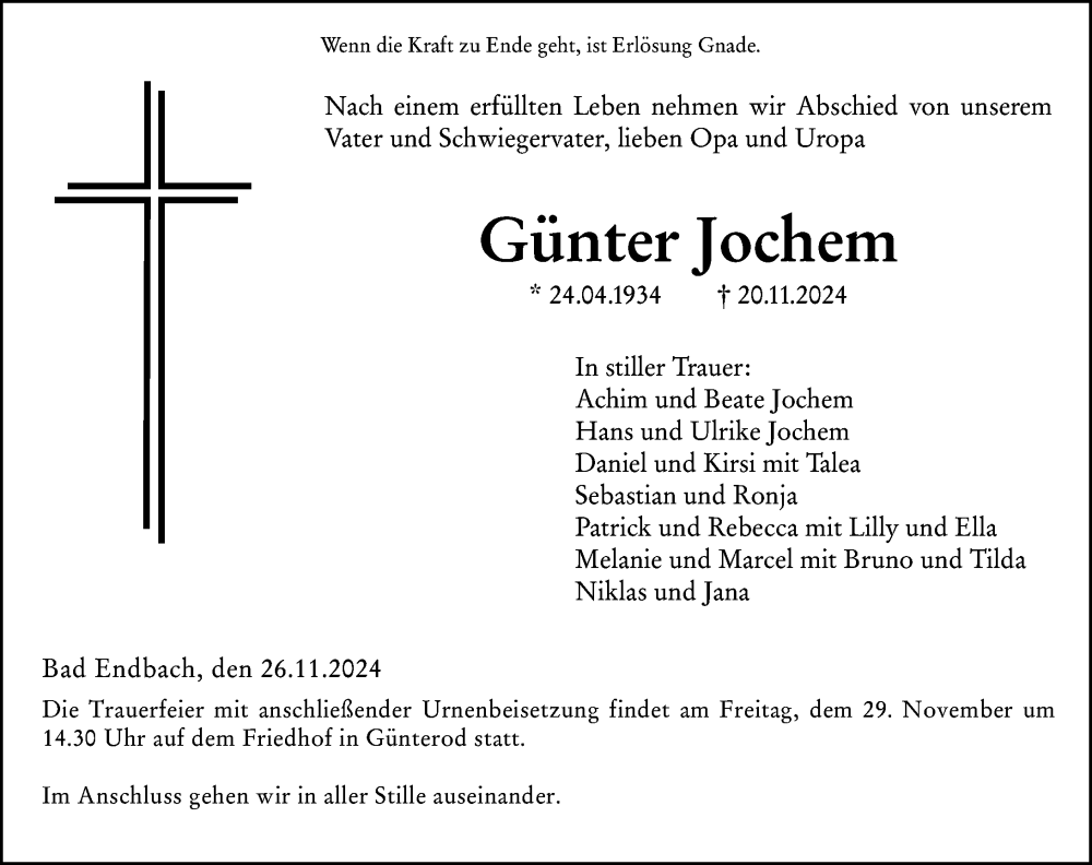  Traueranzeige für Günter Jochem vom 26.11.2024 aus Hinterländer Anzeiger