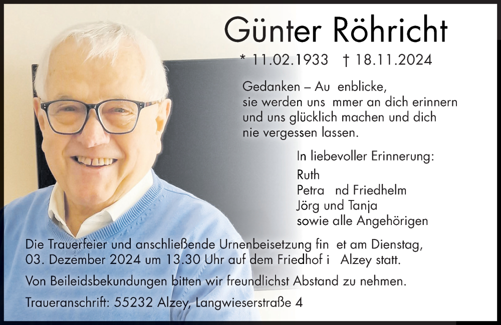  Traueranzeige für Günter Röhricht vom 23.11.2024 aus Allgemeine Zeitung Alzey