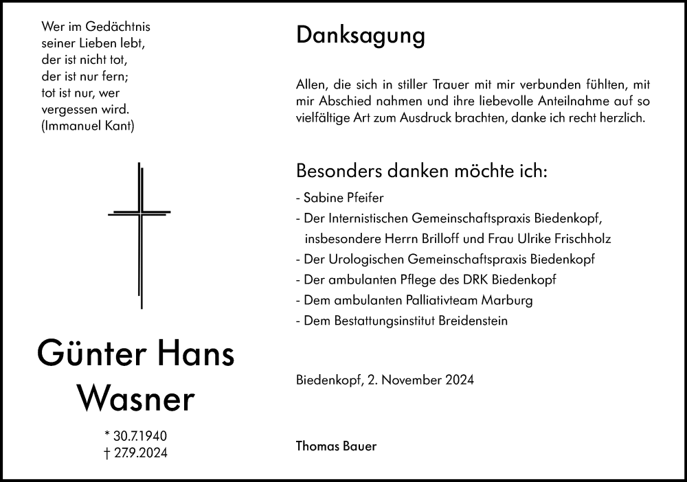  Traueranzeige für Günter Hans Wasner vom 02.11.2024 aus Hinterländer Anzeiger