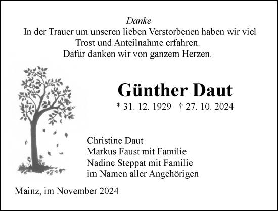 Traueranzeige von Günther Daut von Allgemeine Zeitung Mainz