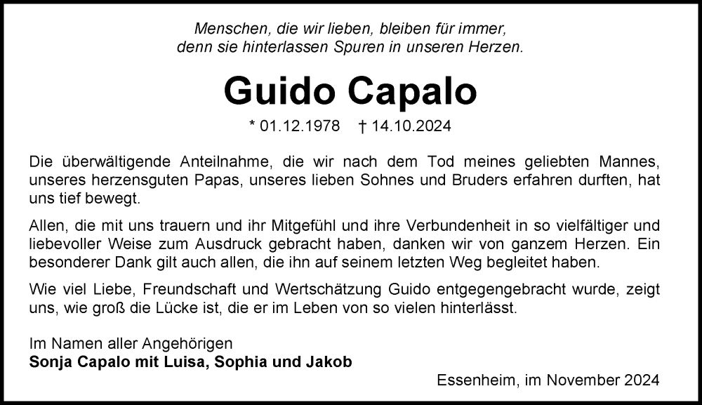  Traueranzeige für Guido Capalo vom 16.11.2024 aus Allgemeine Zeitung Mainz