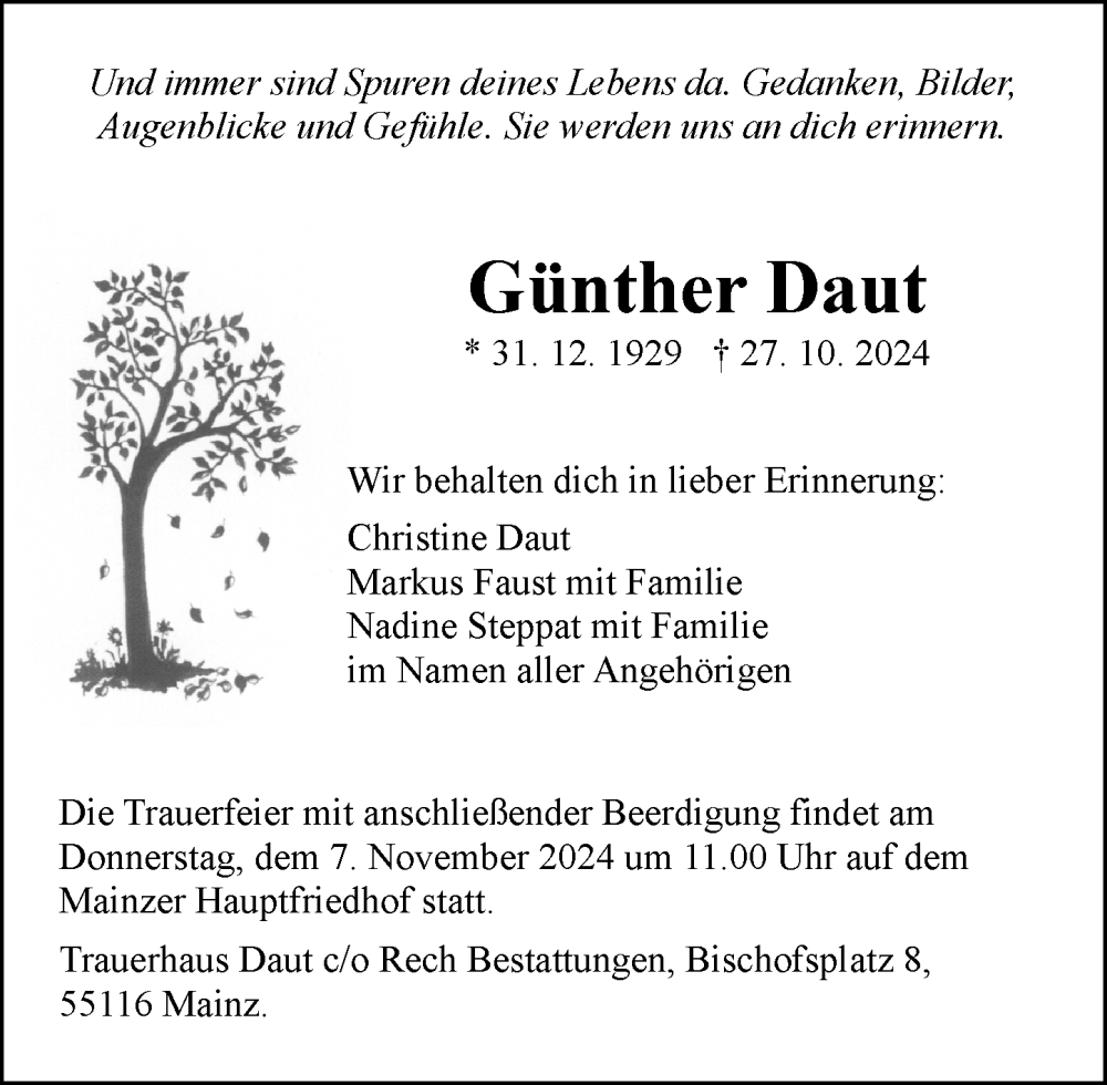  Traueranzeige für Gunther Daut vom 02.11.2024 aus Allgemeine Zeitung Mainz