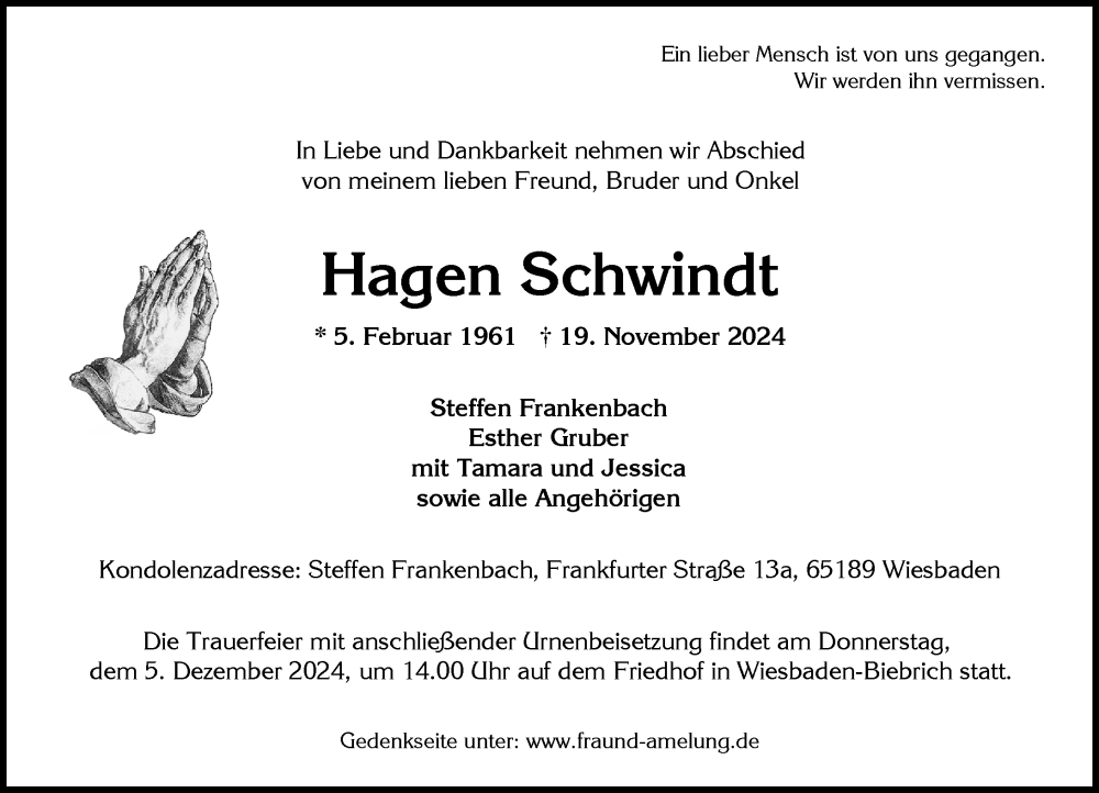  Traueranzeige für Hagen Schwindt vom 23.11.2024 aus Wiesbadener Kurier
