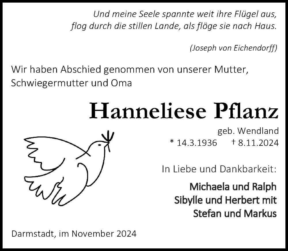  Traueranzeige für Hanneliese Pflanz vom 23.11.2024 aus Darmstädter Echo