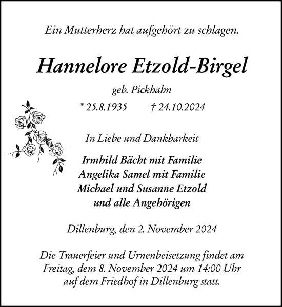 Traueranzeige von Hannelore Etzold-Birgel von Dill Block