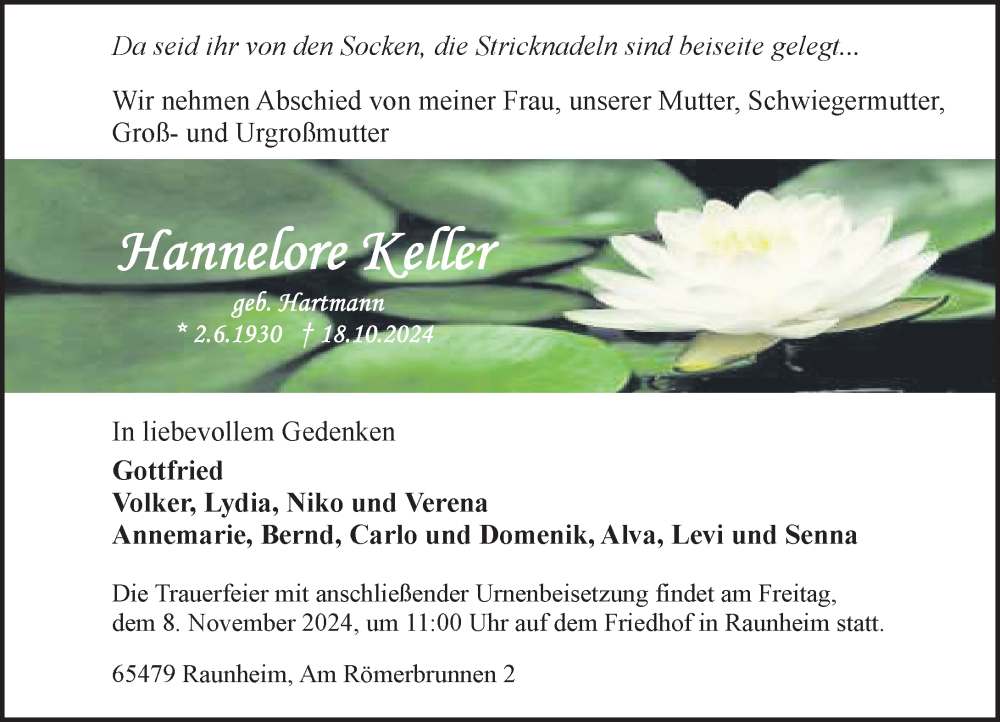  Traueranzeige für Hannelore Keller vom 02.11.2024 aus Rüsselsheimer Echo
