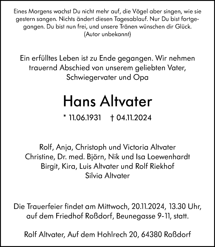  Traueranzeige für Hans Altvater vom 16.11.2024 aus Darmstädter Echo