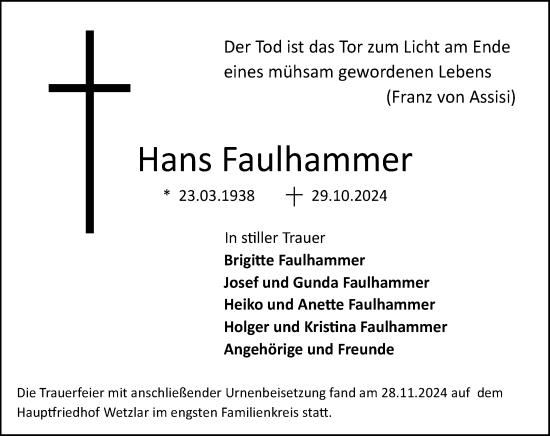 Traueranzeige von Hans Faulhammer von Wetzlarer Neue Zeitung