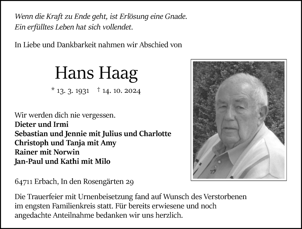  Traueranzeige für Hans Haag vom 02.11.2024 aus Odenwälder Echo