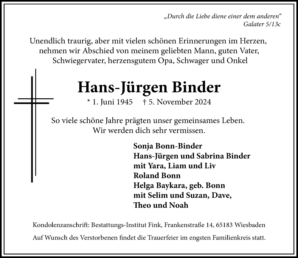  Traueranzeige für Hans-Jürgen Binder vom 16.11.2024 aus Wiesbadener Kurier