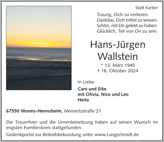 Traueranzeige von Hans-Jürgen Wallstein von Wormser Zeitung