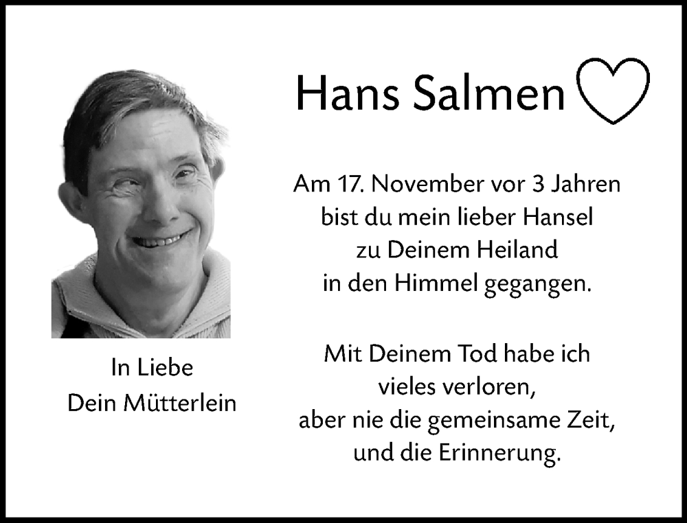  Traueranzeige für Hans Salmen vom 18.11.2024 aus Dill Block