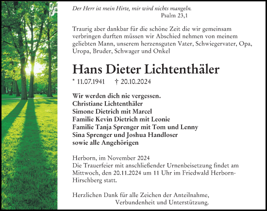 Traueranzeige von Hans Dieter Lichtenthäler von Dill Block