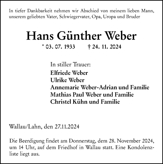 Traueranzeige von Hans Günther Weber von Hinterländer Anzeiger