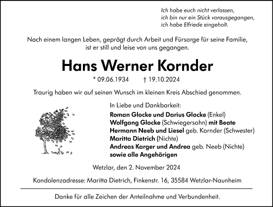 Traueranzeige von Hans Werner Kornder von Wetzlarer Neue Zeitung