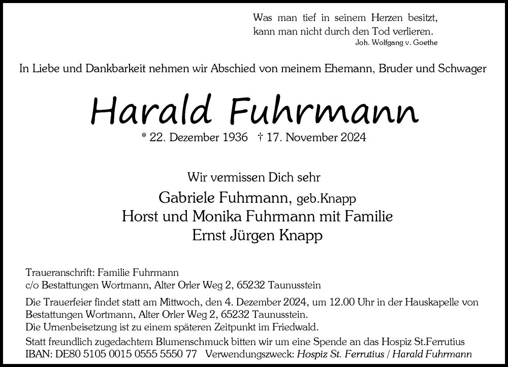  Traueranzeige für Harald Fuhrmann vom 23.11.2024 aus Wiesbadener Kurier
