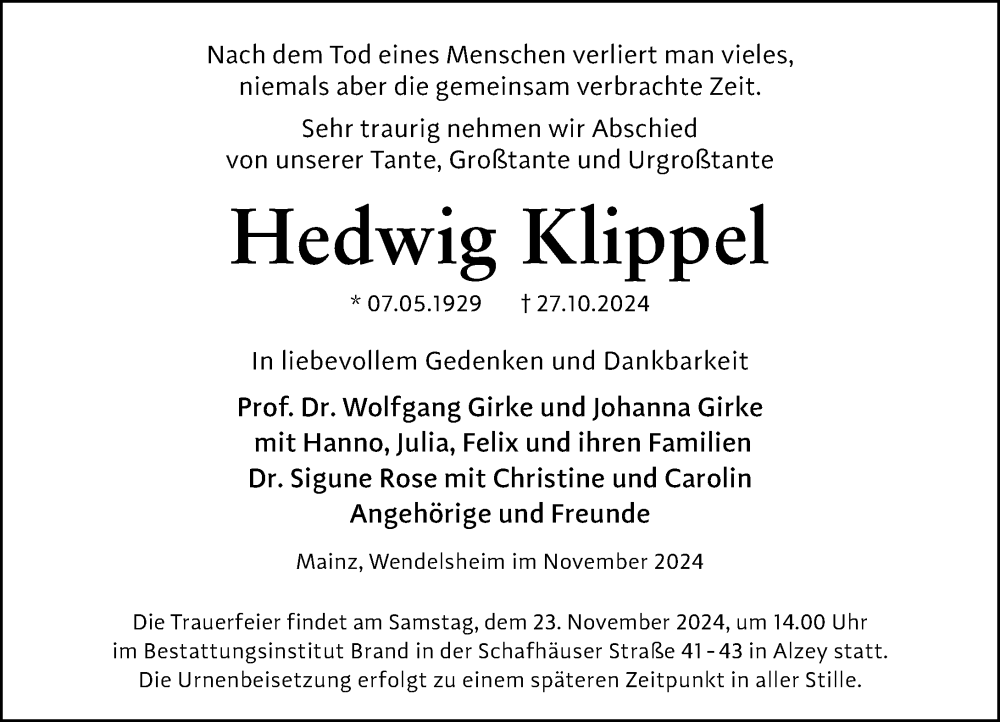  Traueranzeige für Hedwig Klippel vom 16.11.2024 aus Allgemeine Zeitung Alzey