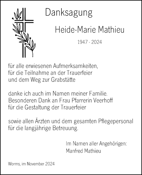 Traueranzeige von Heide-Marie Mathieu von Wormser Zeitung