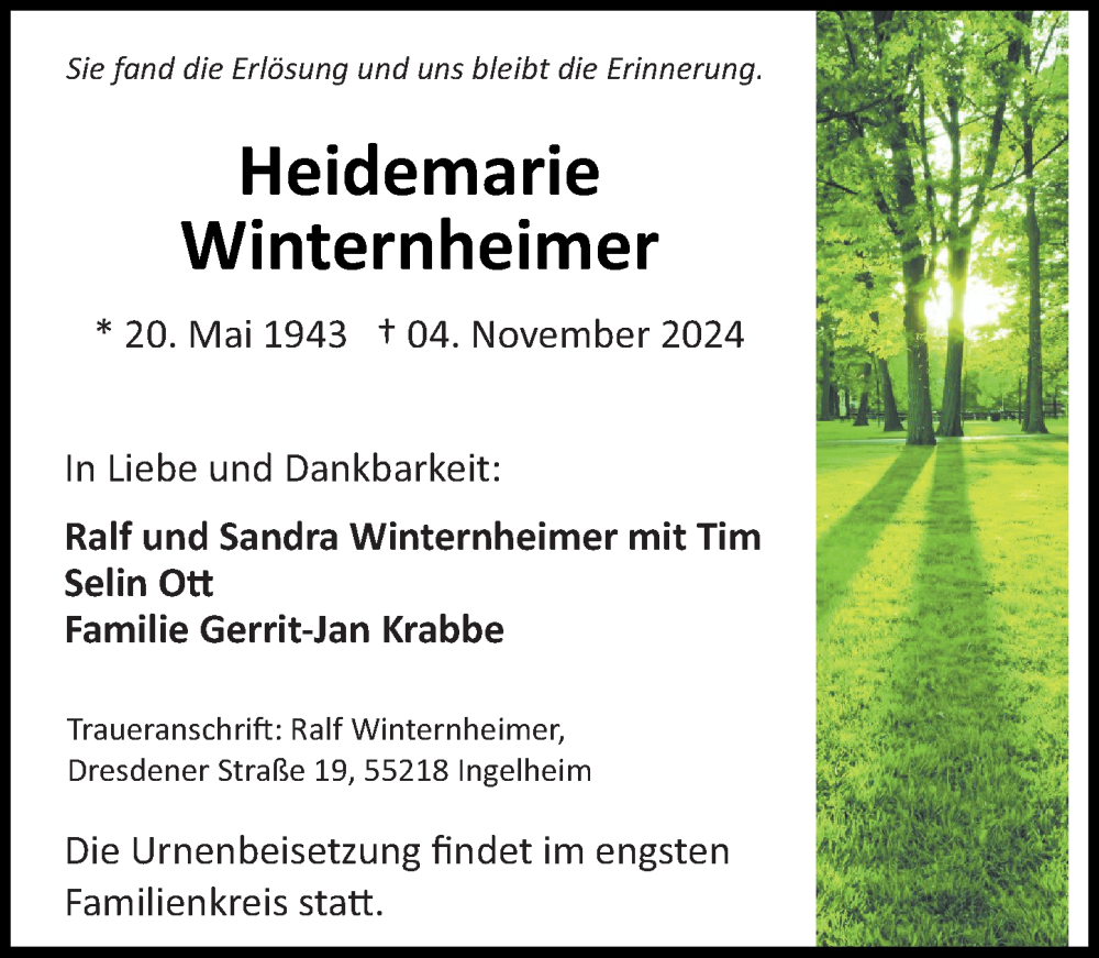  Traueranzeige für Heidemarie Winternheimer vom 16.11.2024 aus Allgemeine Zeitung Rheinhessen-Nahe