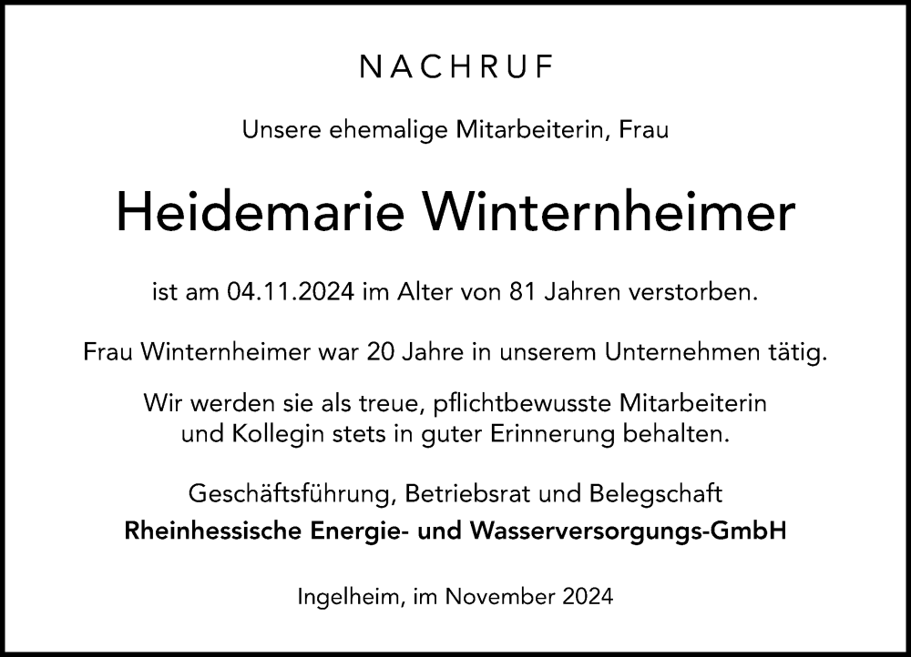  Traueranzeige für Heidemarie Winternheimer vom 23.11.2024 aus Allgemeine Zeitung Rheinhessen-Nahe
