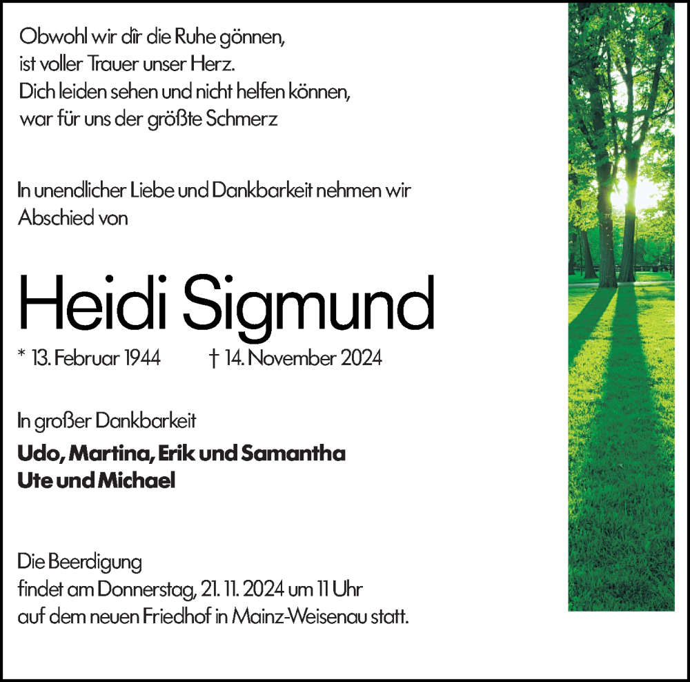  Traueranzeige für Heidi Sigmund vom 18.11.2024 aus Allgemeine Zeitung Mainz