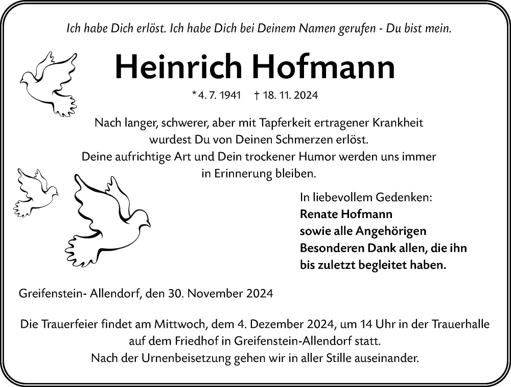  Traueranzeige für Heinrich Hofmann vom 30.11.2024 aus Wetzlarer Neue Zeitung