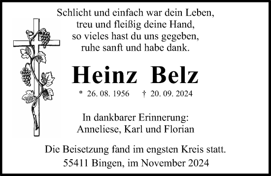 Traueranzeige von Heinz Belz von Binger-/Ingelheimer Wochenblatt