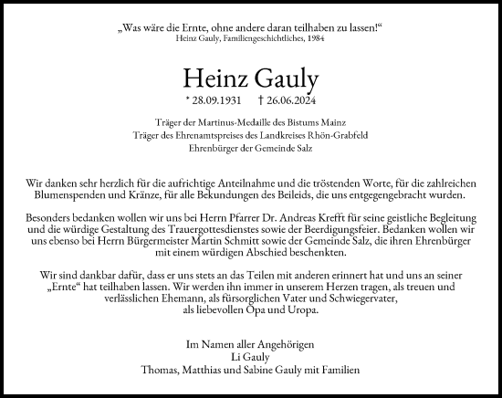 Traueranzeige von Heinz Gauly von Allgemeine Zeitung Mainz