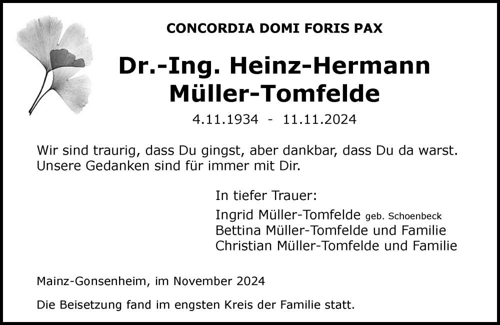  Traueranzeige für Heinz-Hermann Müller-Tomfelde vom 30.11.2024 aus Allgemeine Zeitung Mainz