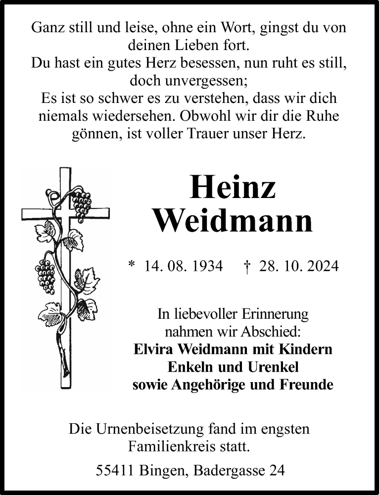  Traueranzeige für Heinz Weidmann vom 09.11.2024 aus Allgemeine Zeitung Rheinhessen-Nahe