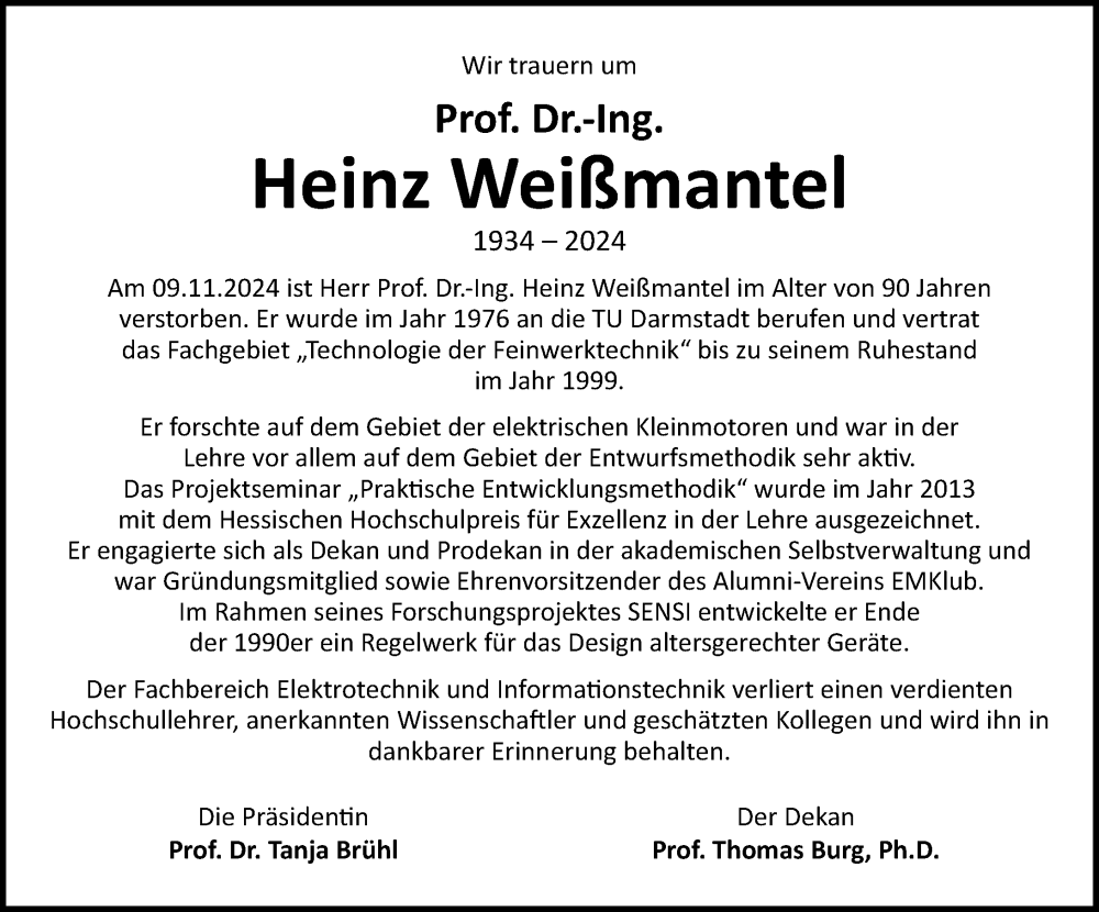  Traueranzeige für Heinz Weißmantel vom 13.11.2024 aus Darmstädter Echo