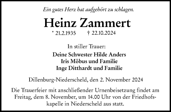 Traueranzeige von Heinz Zammert von Dill Block