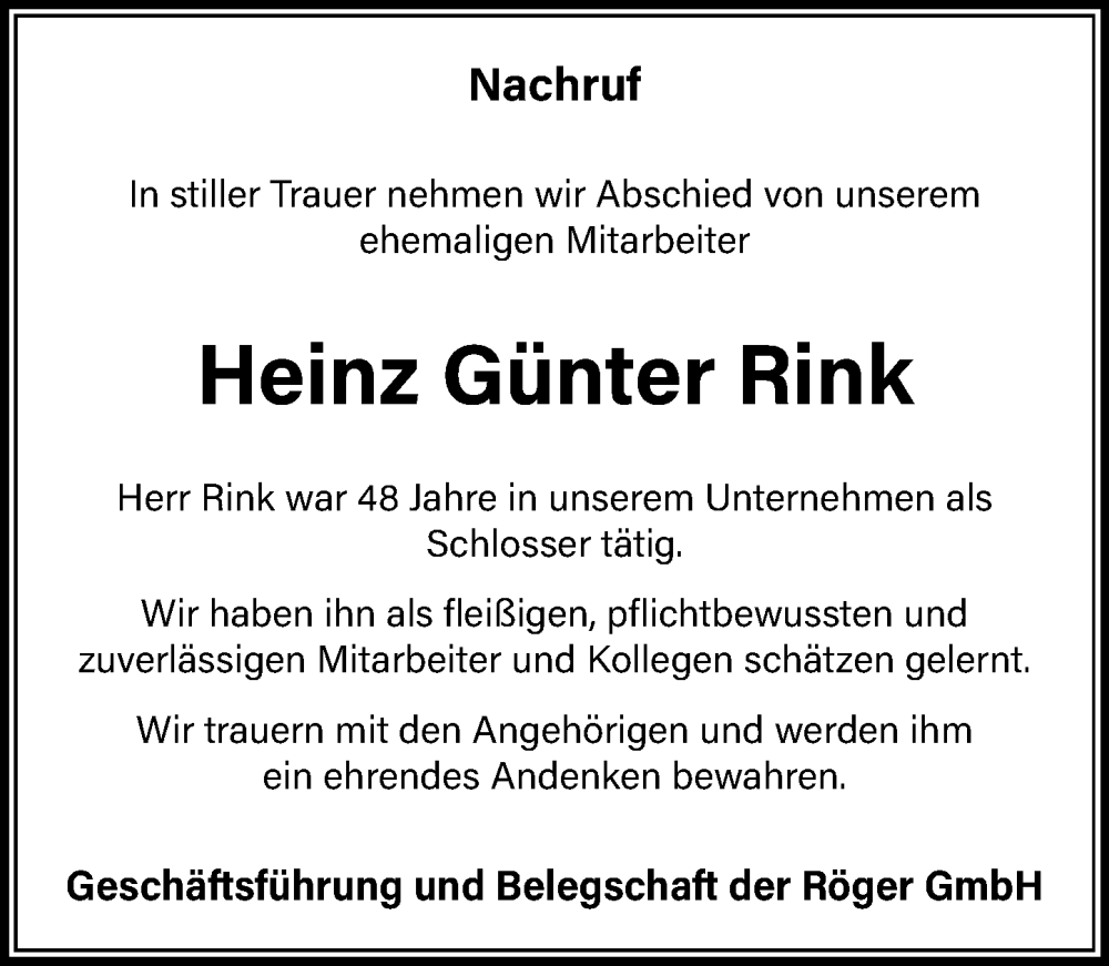  Traueranzeige für Heinz Günter Rink vom 02.11.2024 aus Dill Block