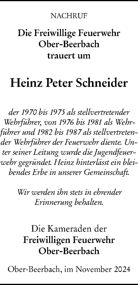  Traueranzeige für Heinz Peter Schneider vom 23.11.2024 aus Darmstädter Echo
