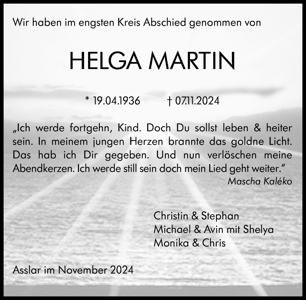  Traueranzeige für Helga Martin vom 23.11.2024 aus Wetzlarer Neue Zeitung