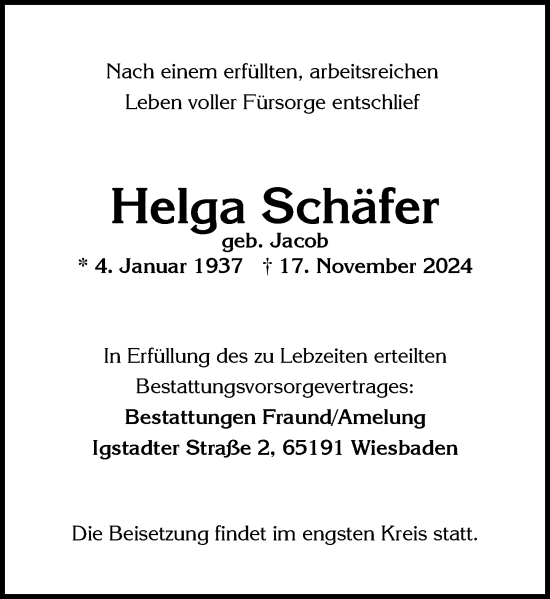 Traueranzeige von Helga Schäfer von Wiesbadener Kurier