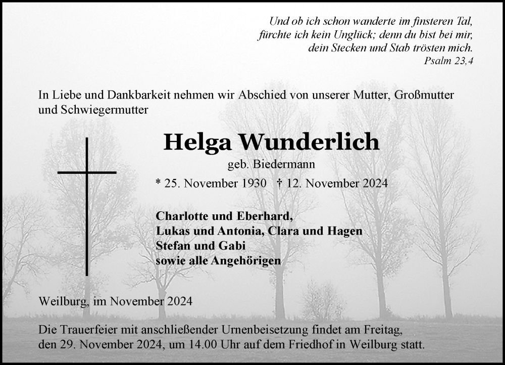  Traueranzeige für Helga Wunderlich vom 23.11.2024 aus Weilburger Tageblatt
