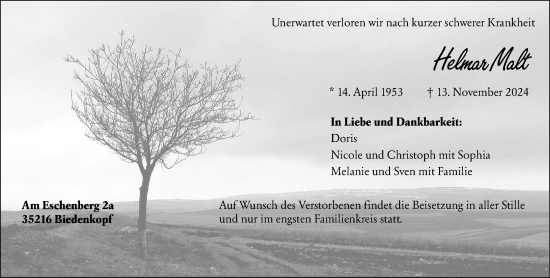 Traueranzeige von Helmar Malt von Hinterländer Anzeiger