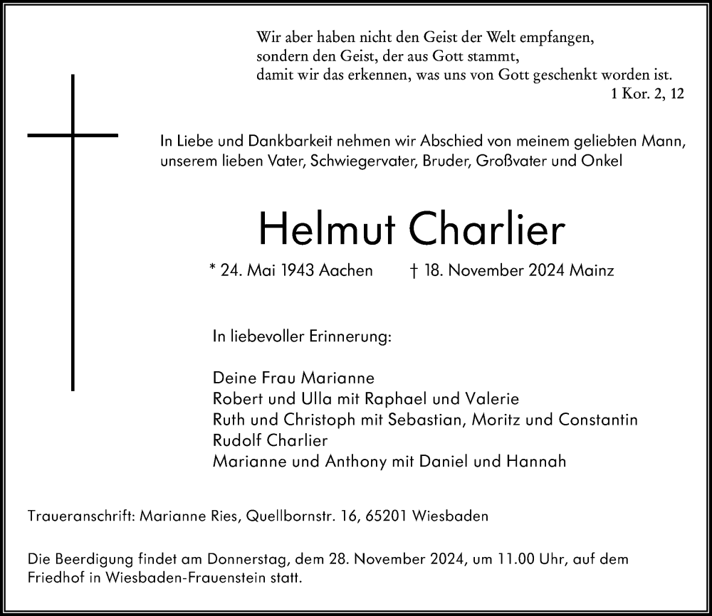  Traueranzeige für Helmut Charlier vom 23.11.2024 aus Wiesbadener Kurier