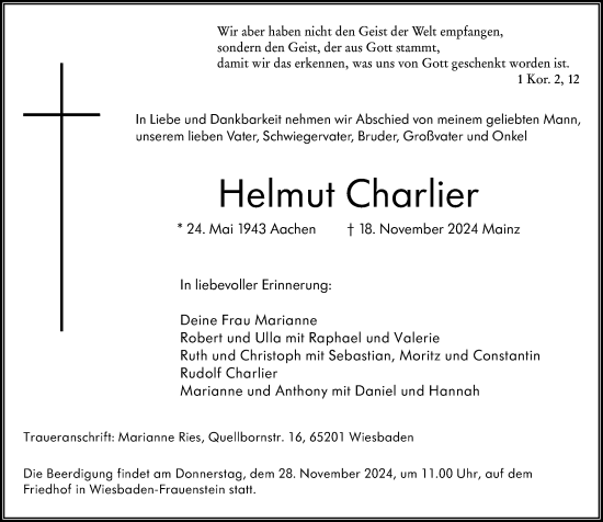 Traueranzeige von Helmut Charlier von Wiesbadener Kurier