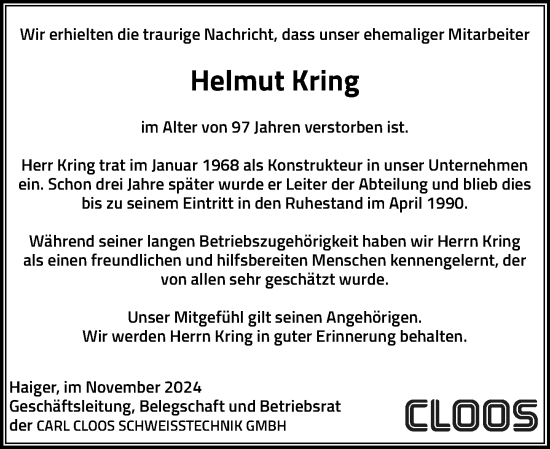 Traueranzeige von Helmut Kring von Dill Block