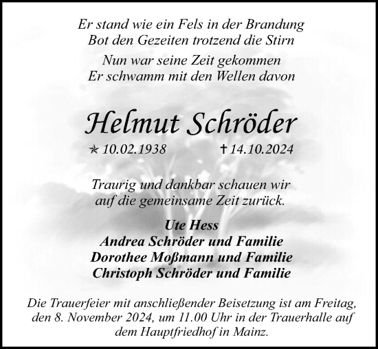 Traueranzeige von Helmut Schröder von Allgemeine Zeitung Mainz