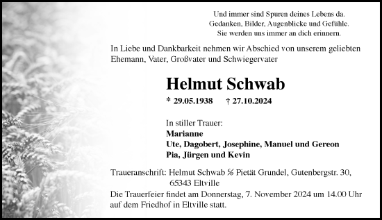Traueranzeige von Helmut Schwab von Rheingau Kurier