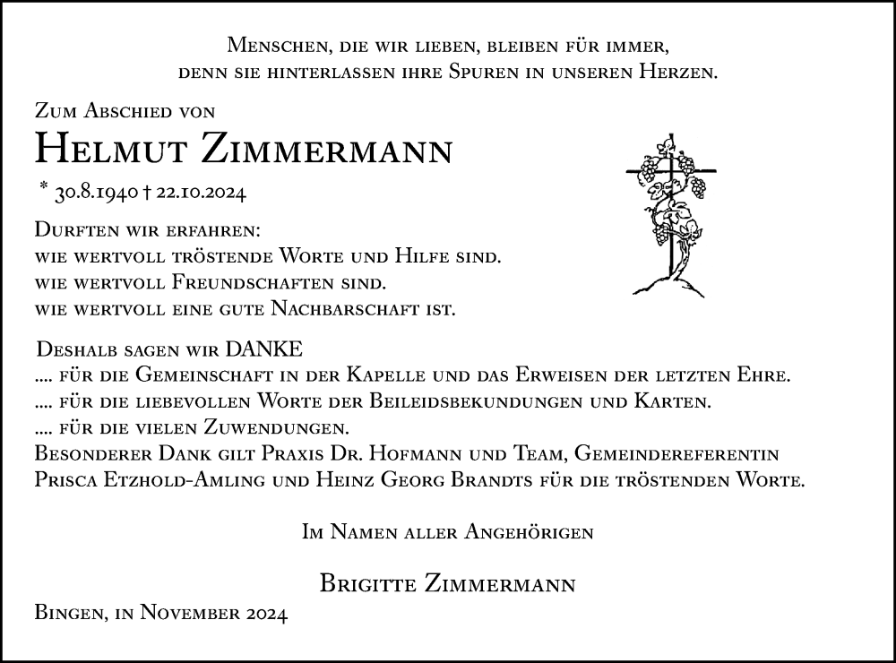  Traueranzeige für Helmut Zimmermann vom 30.11.2024 aus Allgemeine Zeitung Rheinhessen-Nahe