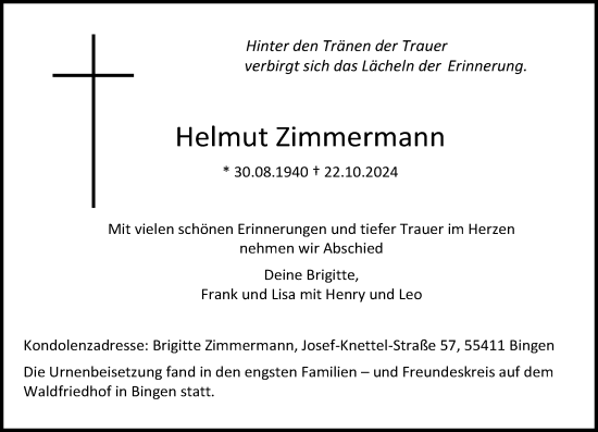 Traueranzeige von Helmut Zimmermann von Allgemeine Zeitung Rheinhessen-Nahe