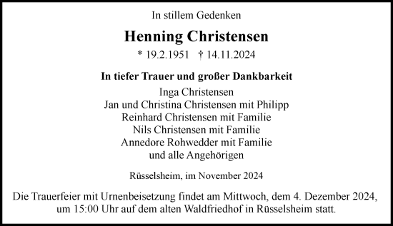 Traueranzeige von Henning Christensen von Rüsselsheimer Echo