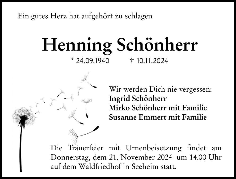  Traueranzeige für Henning Schönherr vom 16.11.2024 aus Darmstädter Echo